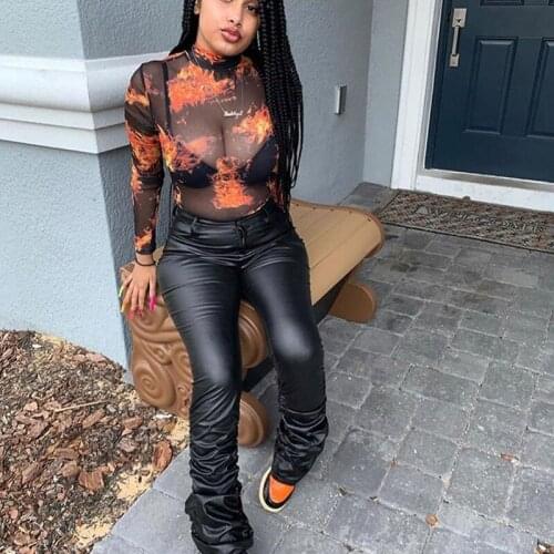 PU Leather Black Stacked Leggings for Women Female Winter Warm Stacked Sweatpants Flare Pleated Ruched Pants Trousers Jogger