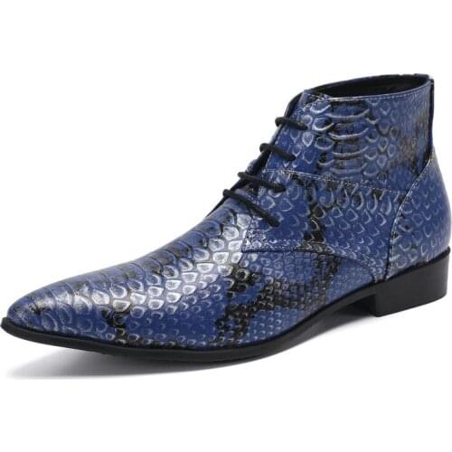 2021 New Luxury British Style Men Mid Calf Genuine Leather Motorcycle Cowboy Boots Men Snake Skin Boots Business Dress Shoes