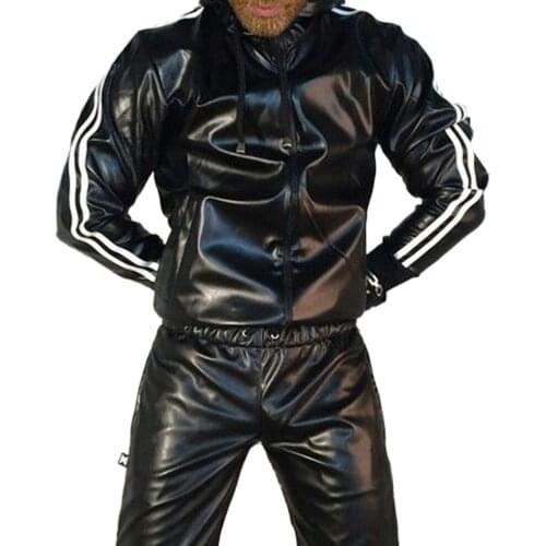 Mens PU Leather Hoodie Suit Casual Sportswear Hooded Jogging Suit Sportswear Men Outfit Set Juicy Tracksuit