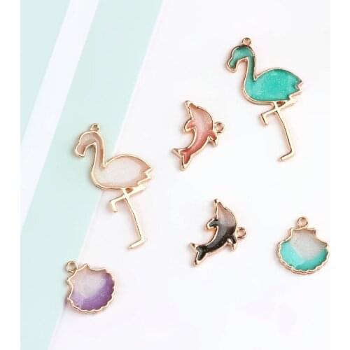 Newest 50pcs/lot color cartoon Flamingo Dolphin Scallop shape alloy floating locket charms diy jewelry earrings/bracelet pendant