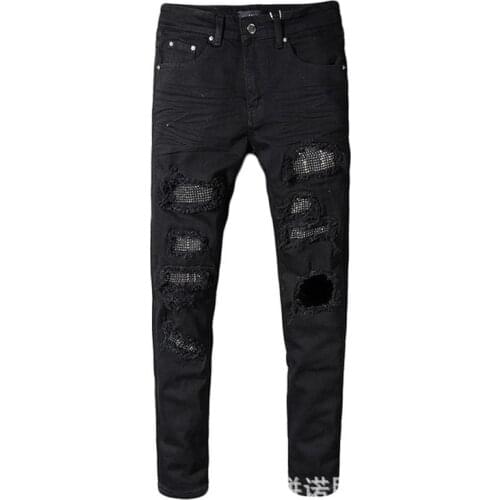 New Mens male casual slim skinny crystal rhinestone patchwork ripped jeans Fashion patch black stretch denim pants trousers