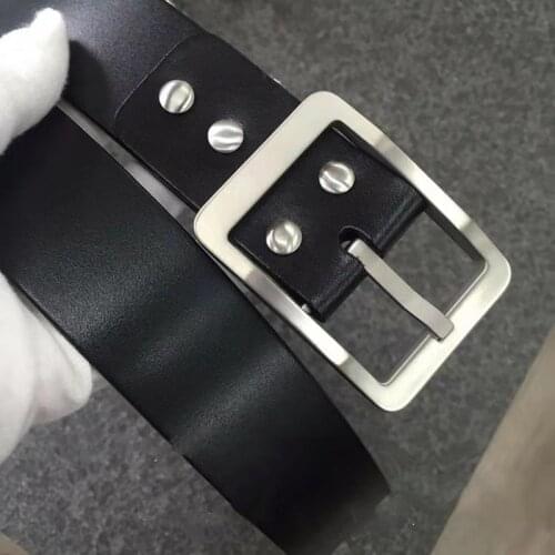 3.8 x125 cm Solid Titanium Belt Buckle With Real Black Leather Strap With 4 Pcs Pure Titanium Screws