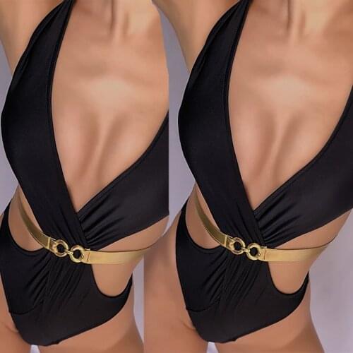 Solid metal buckle strap neck One Piece Bikini black summer bikini womens swimsuit Push Up Bikini2021Dziewczyna w kostiumach