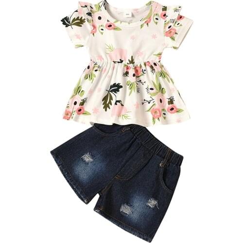 OPPERIAYA Kids Baby Girls 2-piece Summer casual Outfit Set Short Sleeve Floral Print Pineapple Print Tops Hole Denim Shorts Set