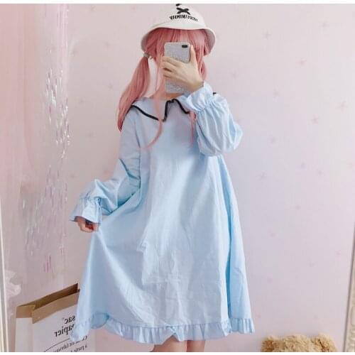 Autumn dress new womens Japanese cute rabbit ears Peter pan Collar Long Sleeve Girl Loose Sweet Lolita Dress