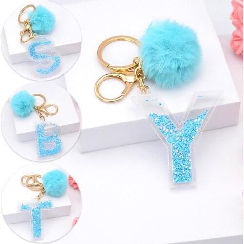Fluffy Blue Pompom Faux Rabbit Fur Ball Keychains Sequins Letters Key Rings Key Holder Trendy Jewelry Bag Accessories Gifts