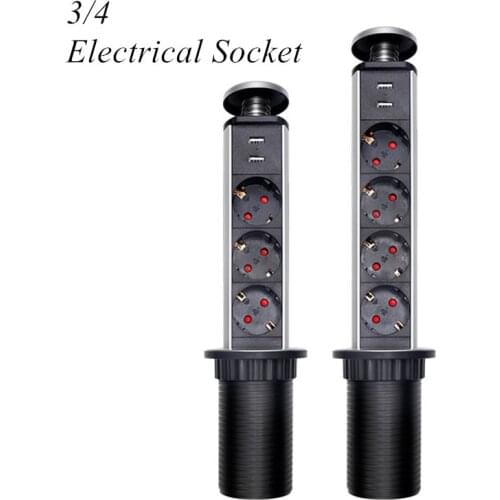 3 / 4 Power Ports Electrical Socket Tensile Power Outlet Plug Worktop Desk Table Kitchen Home Pull Up Socket With 2pcs USB Conne