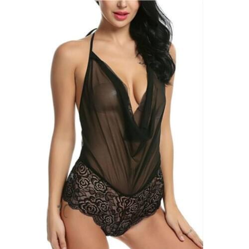 Sexy Solid Color Silk Bodycon Slim V-Neck Backless Bandage See Through Halter Bodysuit Casual Transparent Lingerie 2020 Hot Sale