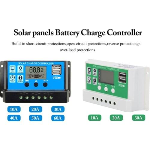 60A/50A/40A/30A/20A/10A 12V 24V Auto Solar Charge Controller PWM Controllers LCD Dual USB 5V Output Solar Panel PV Regulator