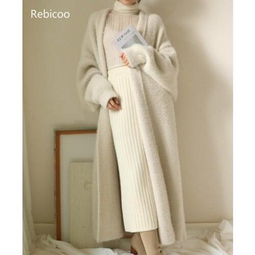 Faux mink velvet loose womens knitted cardigan sweater coat winter long outwear plus size pull femme