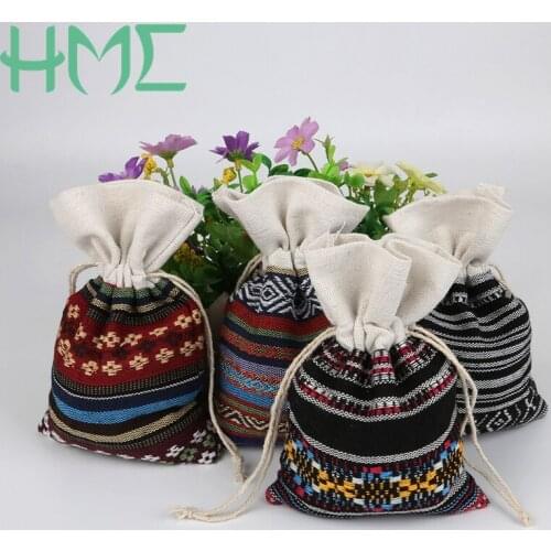 Ethnic Style 11x16cm 4 stripe Patterns Pure Cotton Canvas Gift Bags Gift Bags Kids Birthday Party Candy Drawstring Pouch Tea bag