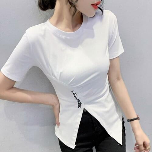 2021 summer new Women short Sleeve embroidery T Shirt Women Fashion Tops Split fork Casual Slim Woman T Shirts y2k tops