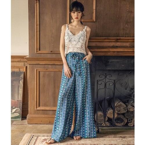 Saliency Bohemian National Wide-leg Pants Womens Summer Thin Blue Chiffon Floral Long Pants High-waist Culottes Beach Pants