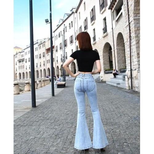 Vinatge Flared Jeans Womens Spring Summer High Waist Elastic Slim Trumpet Pants Female Casual Denim Trousers Long Pants