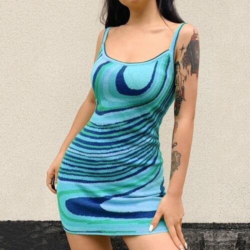 Women Y2K Summer Sexy Sleeveless Spaghetti Strap Knitted Short Dress Ladies Fashion Ripple Print Dress Green Blue