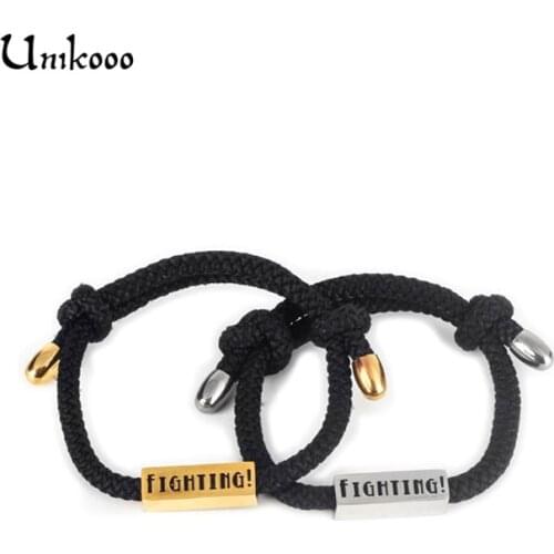 Nylon Rope Bracelets For Women Men Couple Stainless Steel Square Letter FIGHTING Enamel Elastic Bracelet pulseira