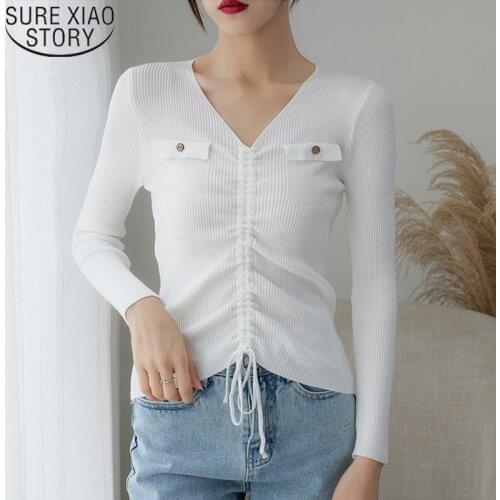 New Fashion Autumn 2021 V Collar Long Sleeves Knitted Sweater Chest Pocket Drawstring Sweater Bow Bottom Women Sweater 6043 50