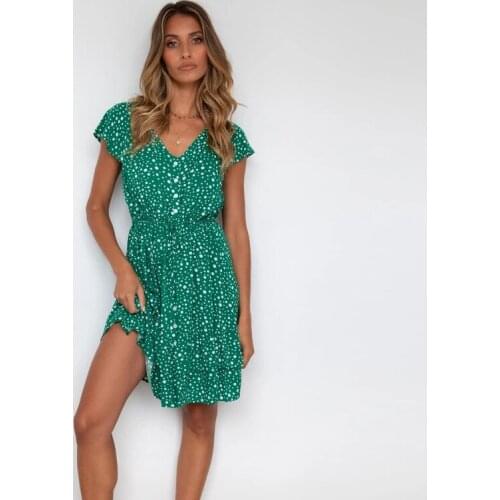 Happie Queens women floral print short sleeve beach Bohemian mini dress Ladies v-neck Boho sundress vestidos