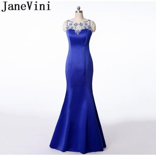 JaneVini Crystal Beaded Womens Evening Gown Dresses Royal Blue Illusion Long Mermaid Formal Dress Satin Vestido Noche Elegante