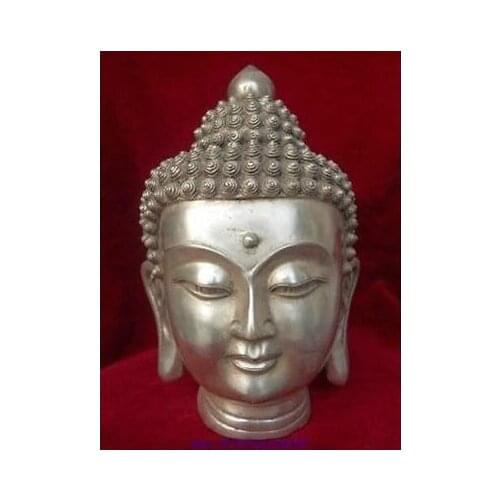14*9 cm Buddhism White Copper Shakyamuni Buddha Head Bust Statue Figurine Garden Decoration 100% real Tibetan Silver Brass