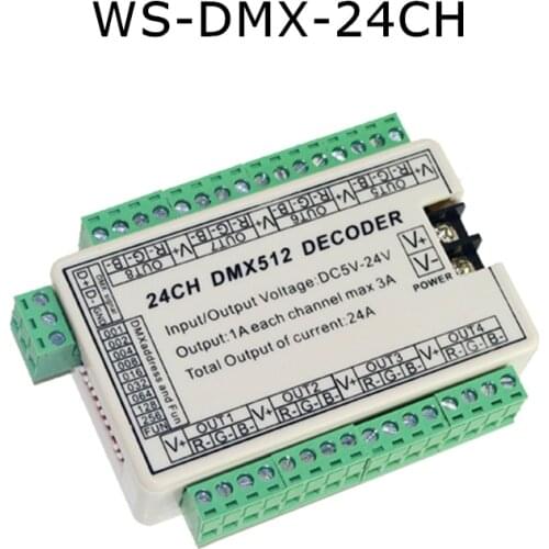 24CH DMX512 Decoder Controller Drive DC5V-24V Output for LED Strip Light DC12V-24V LED Decoder Constant Voltage Common Anode