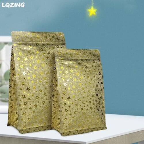 50pcs New Shining Stars Zip Lock Coffee Bean Package Bags Big Capacity Aluminized Mylar Tear Notch Hot Gold Stand Up Coffee Bag