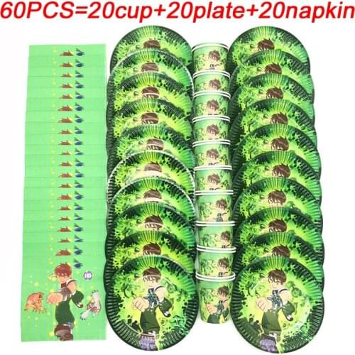 60pcs Ben 10 Theme Kids Favor Birthday Party Paper Disposable Cup+Plate+Napkin Tableware Ben Ten Party Supplies Set Decorstions