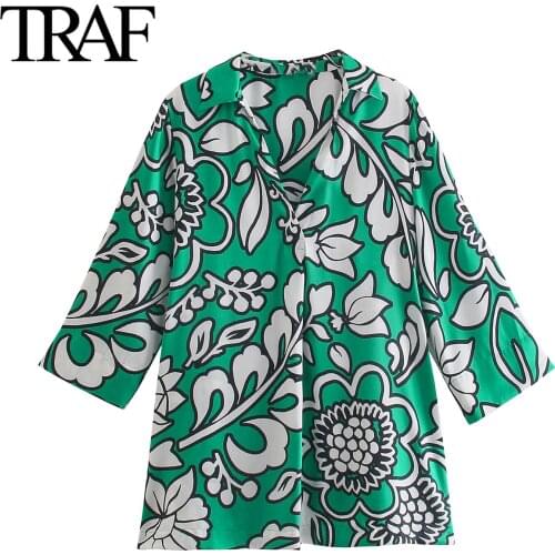 Traf Za Women Clothing Streetwear High Fashion Loose V-neck Shirts Green Long Sleeve Blouses Chic Office Ladies Tops Mujer