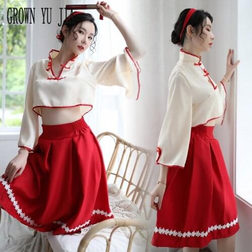 Erotic Lolita Hanfu Dress Girl Roleplay Nightclub Clothes Sexy Retro Cheongsam Pajamas Set Hot Naughty Lingerie Sex Blouse Skirt