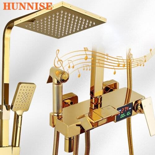 Hot Cold Digital Bathroom Shower Set HUNNISE Solid Brass Bathroom Mixer Faucet Rainfall Shower Head Gold Thermostatic Shower Set