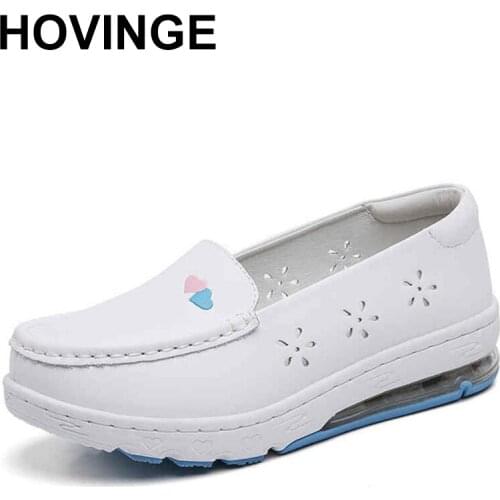 HOVINGE Fashion White Shoes 2021 Air Cushion Women Sneakers Flats Platform Soft Split Leather Shoes Breathable Casual Shoes Loaf