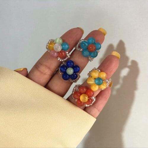 New Korean Summer Cute Transparent Crystal Big Flower Colorful Handmade Beaded Rings for Women Aesthetic Jewelry