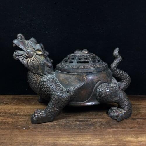 9"Chinese temple collection Old Bronze Cinnabar Lacquer Dragon turtle Basalt Beast incense burner Ornaments Town House Exorcism