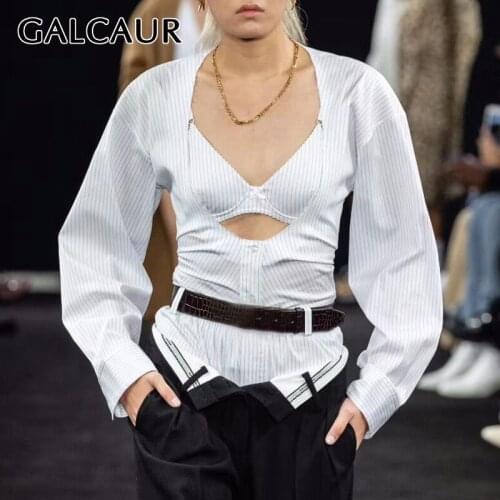 GALCAUR Patchwork Striped Womens Jumpsuits V Neck Long Sleeve High Waist Hollow Out Slim Jumpsuit Female 2020 Fashion New