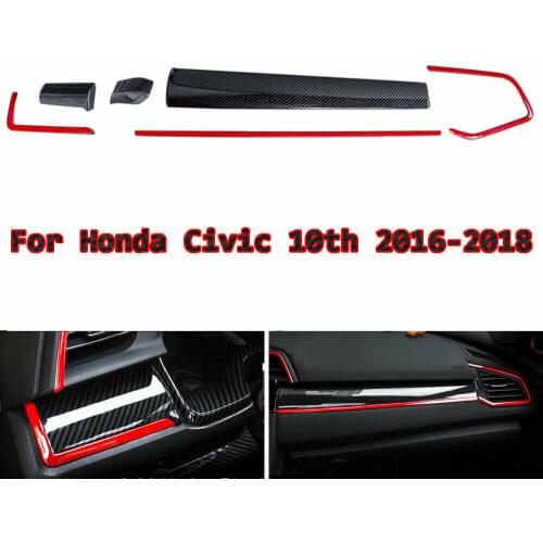 Red ABS Car Console Center Dashboard Cover Trim For Honda Civic 10th 2016-2018 6pcs