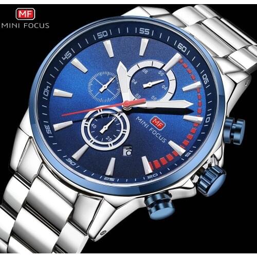 MINIFOCUS Casual Dress Watch Men Quartz Clock Waterproof Fashion Chronograph Calendar Display Stainless Steel Strap Wristwatches