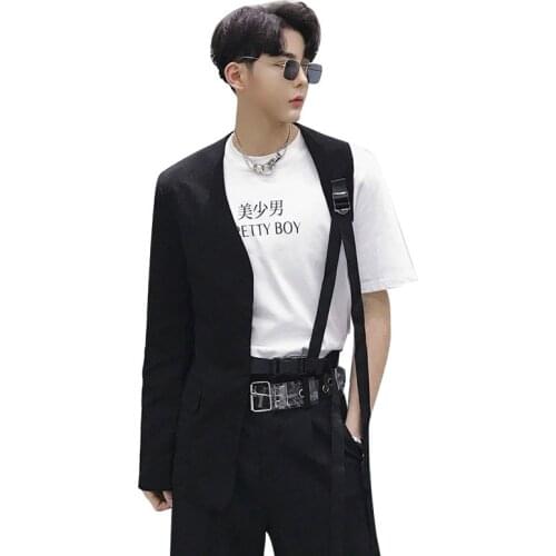 Men A Side Irregular Collarless Design Slim Fit Belt Casual Suit Male Stage Wear Blazer Jacket Singer Dancer Costumes