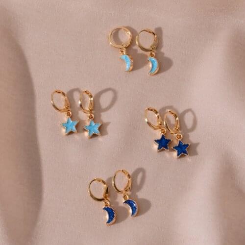 OKILY Zinc Alloy Charm Moon and Star Drop Earrings for Women Fashion Enamel Round Dangle Earrings Jewelry Mothers Day Gift