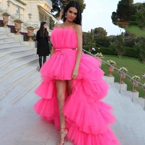 Eightree New High Low Prom Dresses Detachable Train Unique Tiered Formal Prom Party Dress Tulle Evening Dress Pink Party Gown