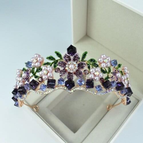 Luxury Baroque Purple Crystal Pearl Bridal Crown Tiara Idyllic Flowers Diadem for Women Bride Headband Wedding Hair Accessories