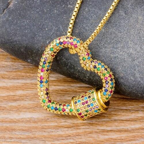 Luxury Heart Lock Screw Clasp Carabiner Pendant Necklace Colorful Rhinestone Copper CZ Women Jewelry Gift For Valentines Day