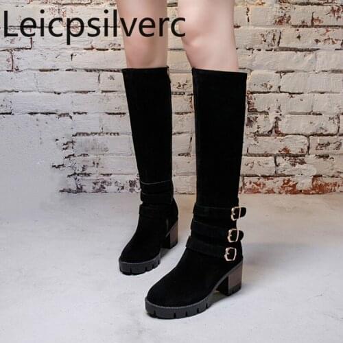 Womens Boots Autumn And Winter The New Round head zipper Thick heel mid heel High tube Womens shoes plus size 34-43 6.5cm high