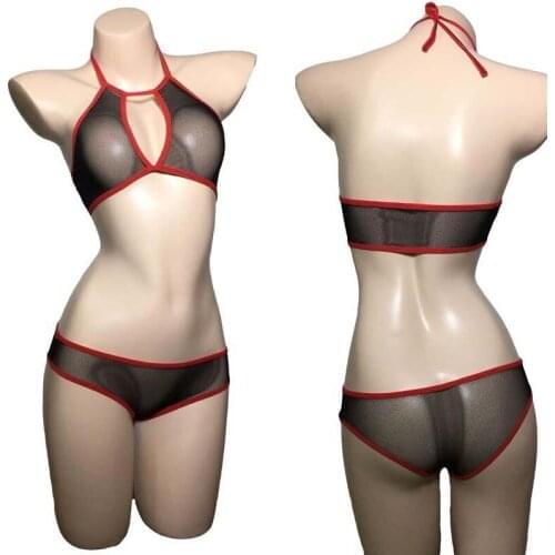 Sexy Woman Red Trim Sheer Mesh Skinny Halter Bandeau Bra Top and Boy Shorts See-Through Bikini Underwear Erotic Lingerie Set