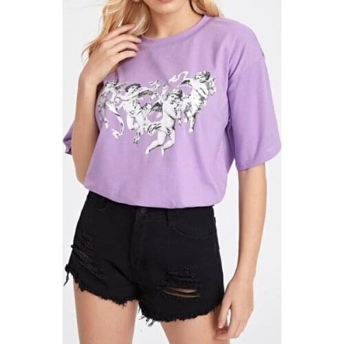 Sunfiz HJN Four Cherub Print Lime Light Green T Shirt Women Summer Tops LIGHT Green Streetwear Vintage Casual Oversized Tees