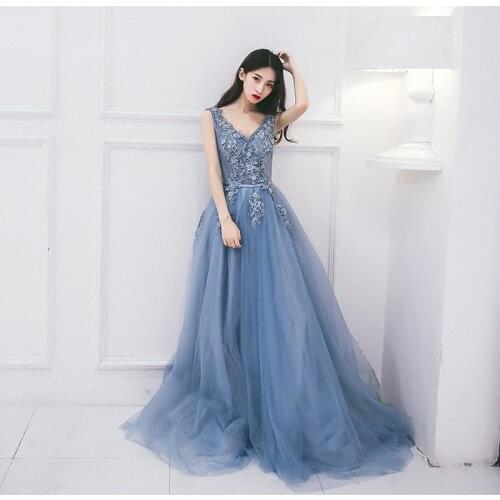 Light Blue Prom Dresses 2020 Appliques Tulle Evening Dresses Long A Line Formal Dress Women Occasion Party Dresses Robe De Soire