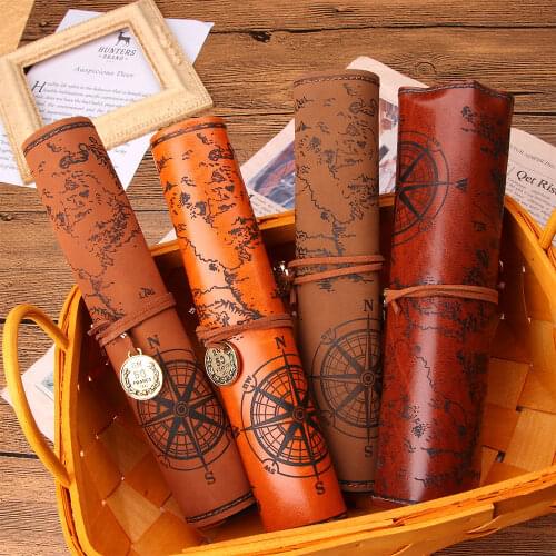 Vintage Roll Leather Pencil Pouch PU Cosmetic Bag Makeup Brush Organizer Pen Pencil Case wallet Purse Stationary For School