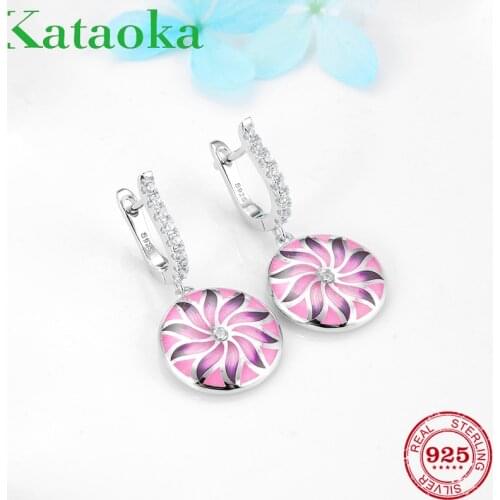 Hot 925 Sterling Silver Pink and Purple Enamel Spiral Flower Earrings For Women Clear CZ Stud Earrings Fashion Jewelry