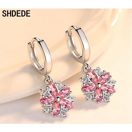 SHDEDE Pink Cubic Zirconia Flower Earrings For Women Wedding Party Gift Fashion Jewelry Eardrop Korea Trendy Accessories +WH272