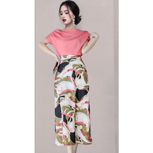 Korean Temperament Sexy Pink Sloping Shoulder Shirt Top + High Waist Printed Bodycon Skirt Suits Female Two Piece Set Summer New