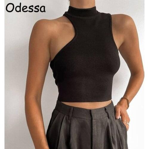 Odessa Summer Casual Knit Ribbed Turtleneck Solid Crop Top Y2K Sexy Black Beige Sleeveless Skinny Women Cutout Tank Tops Fashion